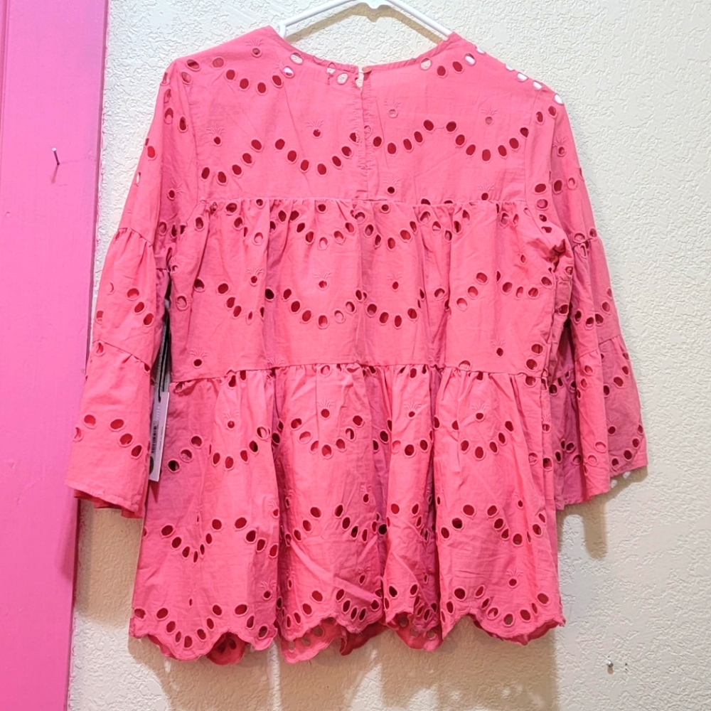 Simply Southern Women's Flowy Eyelet Shirt with Scalloped Edge.